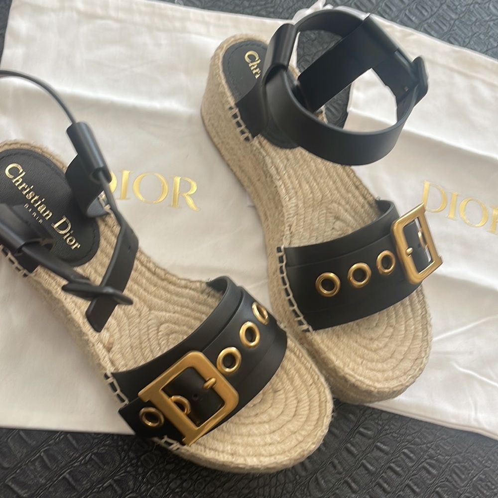 Christian Dior Platform Sandals Black Leather Espadrille Wedge D-Dior Size 39